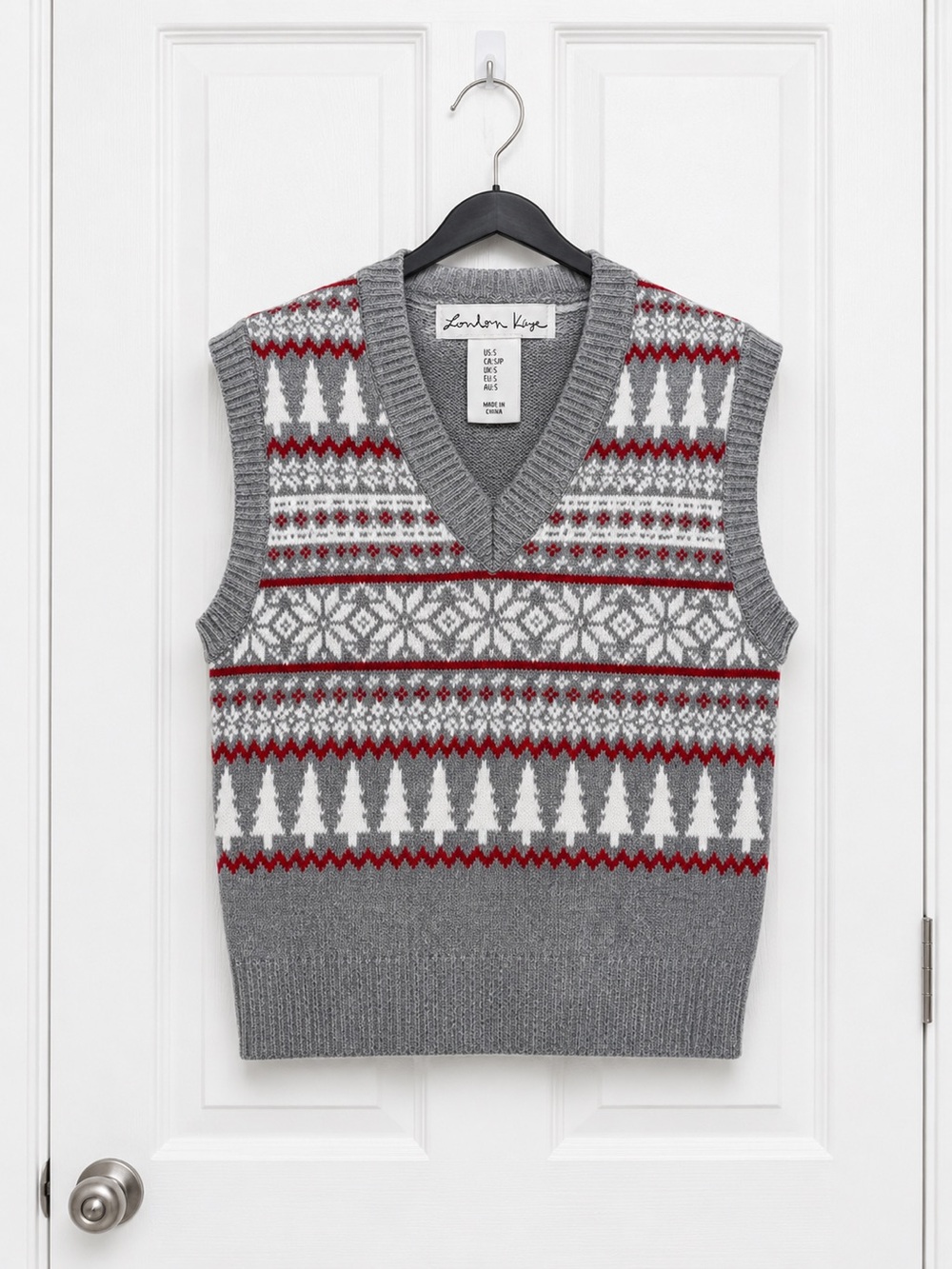 London Kaye  Grey Fair Isle V-Neck Sweater Vest with Red & White Pattern size S